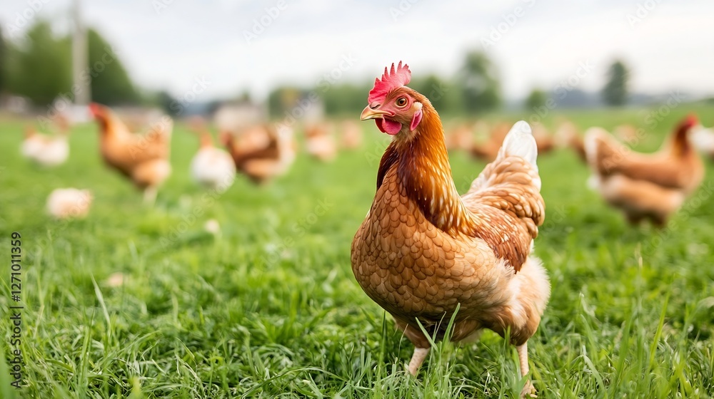 Fototapeta premium Freerange brown chicken walking in a lush green field among other chickens : Generative AI