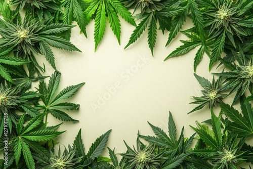composition of many green cannabis marijuana leaves border frame on light color background with copy space in center