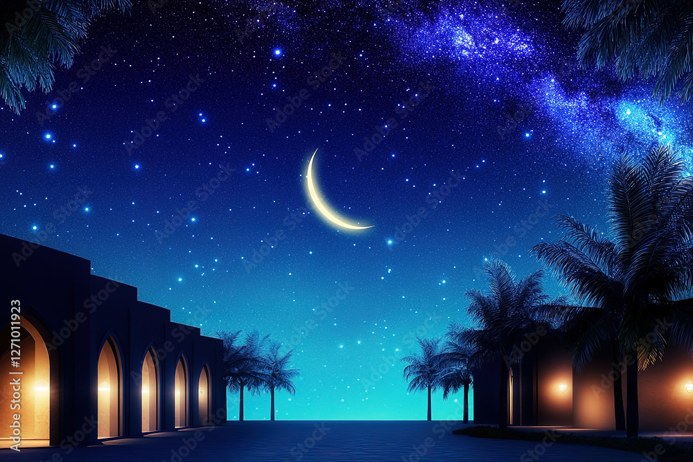 Fototapeta premium Peaceful Ramadan night illuminated by stars and crescent moon over traditional Middle Eastern courtyard