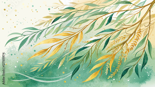 Watercolor abstract background with flowing green and gold shapes, festive Willow Sunday theme with copy space  