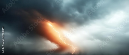 Storm chasers racing to catch a developing tornado, with electrifying lightning striking the darkened sky, creating a tense and thrilling ambiance.