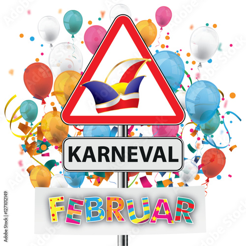 Warnschild Karneval Februar Cover mit bunten Luftballons und Konfetti
