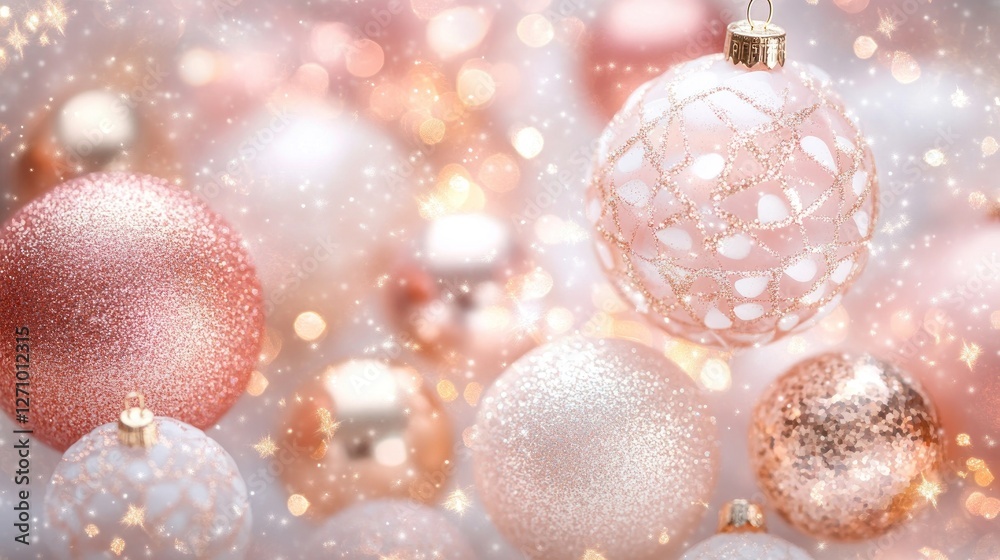 Rose gold and white Christmas ornaments with bokeh lights. Rose gold and white Christmas ornaments with bokeh lights.