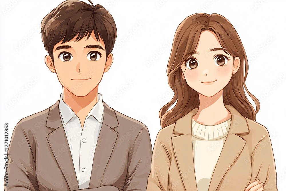 Smiling Duo: A pair of smiling professionals, a man and a woman, stand side by side, embodying approachability and competence. Smiling Duo: A pair of smiling professionals, a man and a woman, stand side by side, embodying approachability and competence.