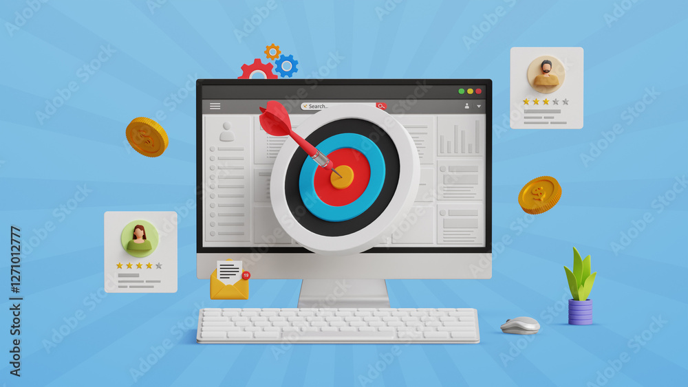 Marketing campaign, target customer, CRM concept. Use data driven insights, digital marketing and strategy, advertising, promotion. Bullseye on computer with target customer reviews. 3D illustration Marketing campaign, target customer, CRM concept. Use data driven insights, digital marketing and strategy, advertising, promotion. Bullseye on computer with target customer reviews. 3D illustration