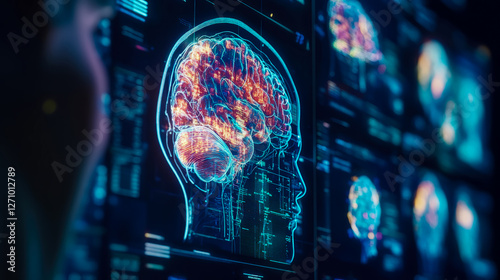 Brain Scan: A futuristic brain analysis screen, digital mind diagnostic, medical research tool photo