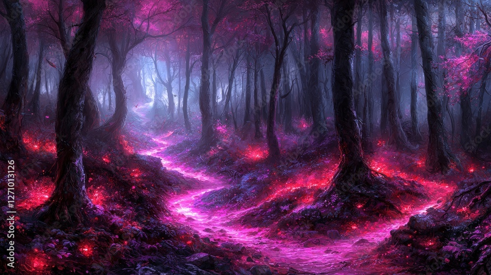 Obraz premium Dark enchanted forest illuminated by soft pink lights creating a dreamlike ambiance
