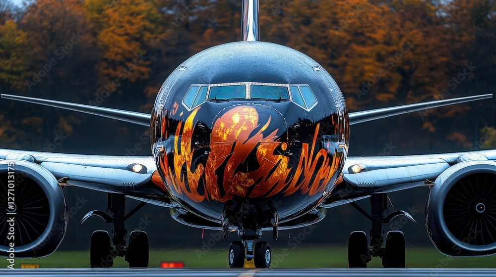 Fototapeta premium Vibrantly Decorated Airplane on Taxiway Surrounded by Autumn Foliage Against a Clear Sky in a Regional Airport Setting