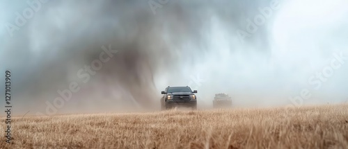 Lightning storm over an open field, storm chasers in vehicles monitoring the approaching twister
