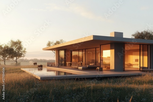 Modern minimalist house with infinity pool overlooking a tranquil landscape at sunset.