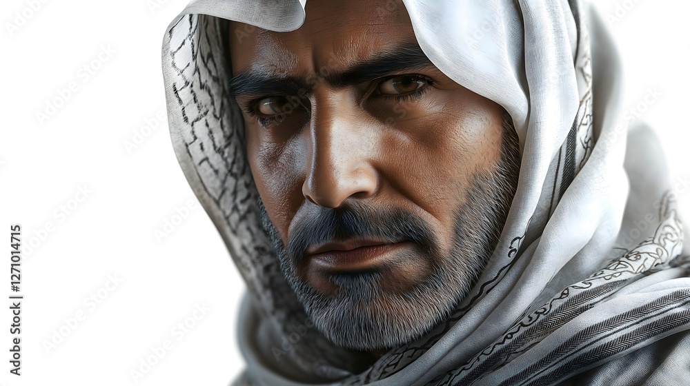 Traditional arabic middle eastern man portrait mysterious intense cultural ethnic traditional headscarf religious spiritual masculine powerful authentic character isolated on white background Traditional arabic middle eastern man portrait mysterious intense cultural ethnic traditional headscarf religious spiritual masculine powerful authentic character isolated on white background
