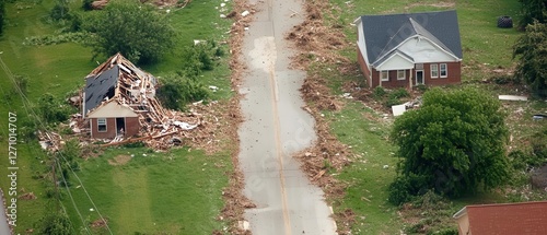 Helicopter aerial view of a tornado path stretching for miles, exposing the vast extent of devastation in its wake.