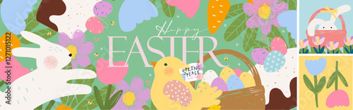 Happy Easter. Vector cute illustration of Easter cake with decorated eggs, bunny, chick, flowers, basket, carrot for greeting card, invitation, postcard, banner, background or poster
