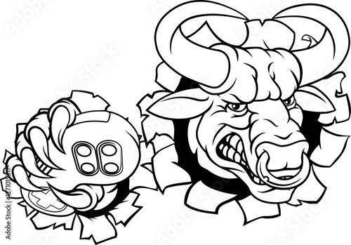 A bull or Minotaur monster longhorn cow angry mean video game gamer mascot cartoon character.