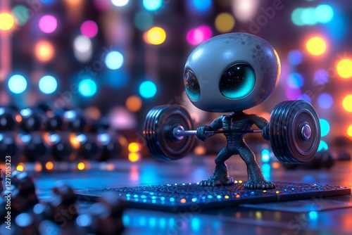 Cute alien character lifts weights in a colorful, futuristic gym setting at night