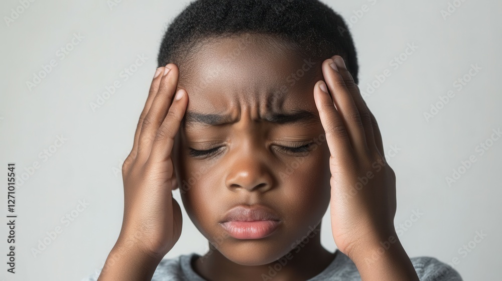 Touching Temples. Little boy experiencing headache and confusion Touching Temples. Little boy experiencing headache and confusion