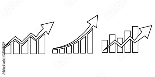 Growing bar graph icon on circle line. Rising arrow symbol vector