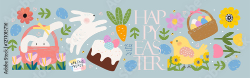 Happy Easter. Vector cute illustration of Easter cake with decorated eggs, bunny, chick, flowers, basket, carrot for greeting card, icons set, postcard, background or sticker