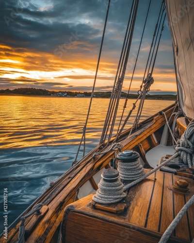 Golden sunset view from a classic sailboat on calm ocean waters.
