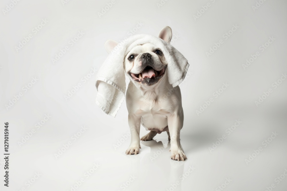 French bulldog holding towel animal pet mammal. French bulldog holding towel animal pet mammal.