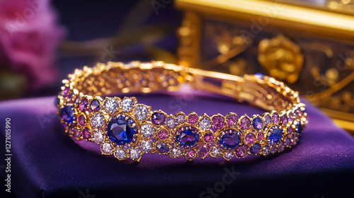 Beautiful gold bracelet with sapphire and tanzanite stones, filigree ornament on a purple background, golden jewelry box in the background.