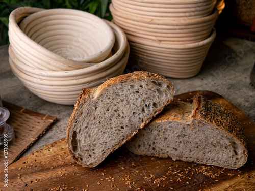 Multigrain multiseed Artisan Sourdough Bread with chia seed and flaxseed. photo