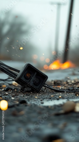 Broken power lines sparking in the aftermath of a tornado, with heavy rain still pouring as the storm progresses.