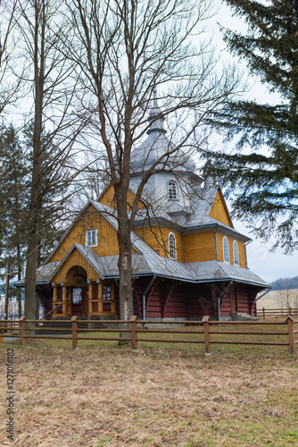 Former Lemko wooden church of the Ascension of the Lord from 1940 in Gładyszów, Poland. Sites wooden architecture of Malopolska, Poland.
