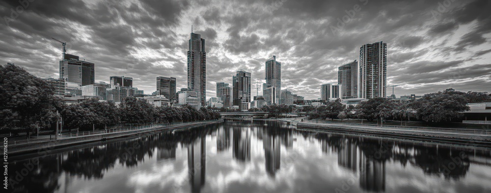 Fototapeta premium Monochrome cityscape reflected in calm water under dramatic clouds.