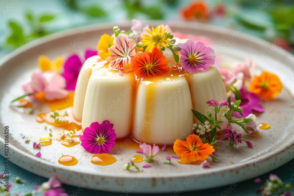 Panna Cotta Dessert with Edible Flowers and Berry Sauce Panna Cotta Dessert with Edible Flowers and Berry Sauce