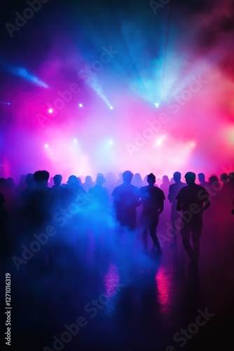 Silhouetted figures dancing in a brightly lit concert venue filled with haze and colorful stage lights.
