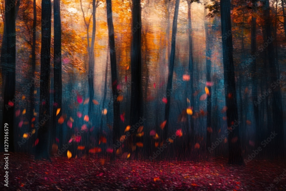 Fototapeta premium Magical autumn forest scene with falling leaves, fog, and sunlight filtering through trees.