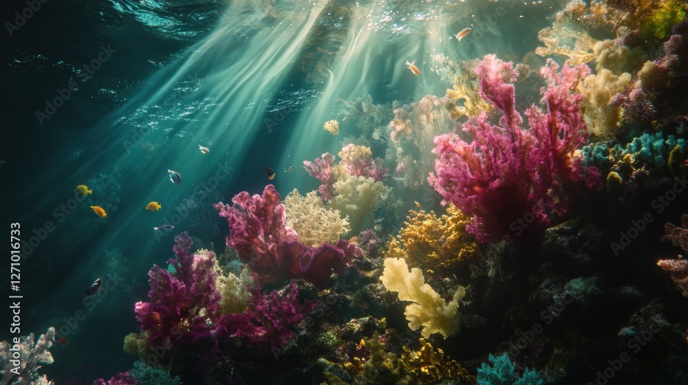 Fototapeta premium Vibrant coral reef scene with sunlight penetrating the water, showcasing diverse coral formations and colorful fish.