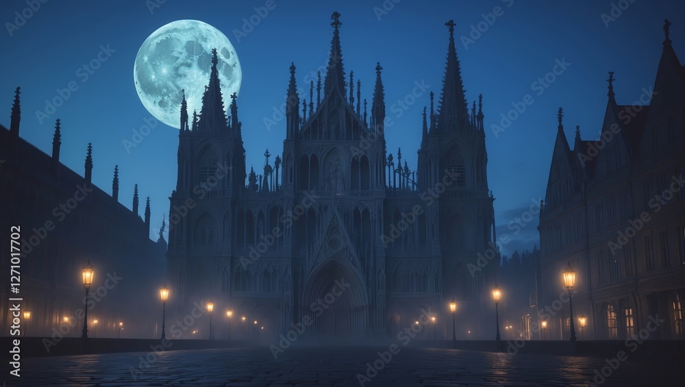 Fototapeta premium Intriguing night view of a Gothic cathedral illuminated by street lamps under a full moon