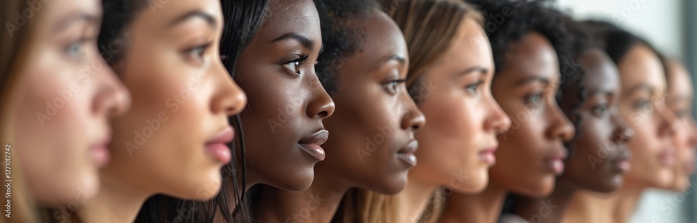 Panoramic profiles of six diverse women different ethnicities, facial features. Multi-racial people presents equality, inclusion. Society reflects humanity, racial harmony, cultural variety, Panoramic profiles of six diverse women different ethnicities, facial features. Multi-racial people presents equality, inclusion. Society reflects humanity, racial harmony, cultural variety,