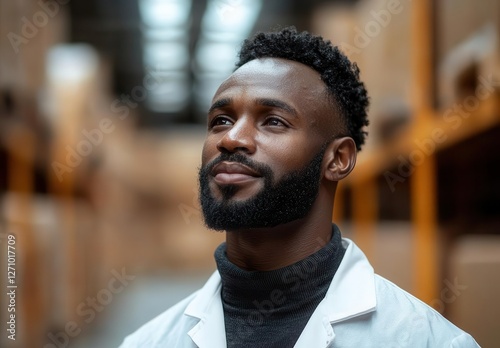 A Black man in his mid-30s with short hair and a beard, wearing a white lab coat, is looking at shelves of boxes filled with medical supplies inside an empty, dimly lit hospital warehouse, Copy space