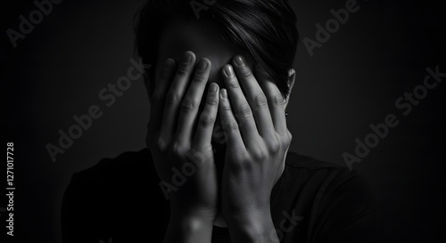 Hands covering face obscured features silent scream contained emotion