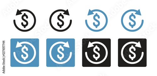 Vector icon set of investment return and recovery signs with one arrow. Investment, refund and income icon symbols for web or app. Vector illustration
