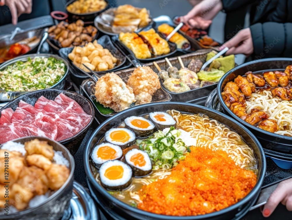 Varied Asian food dishes on display, including ramen, sushi, and fried items. People's hands reaching for food. Varied Asian food dishes on display, including ramen, sushi, and fried items. People's hands reaching for food.