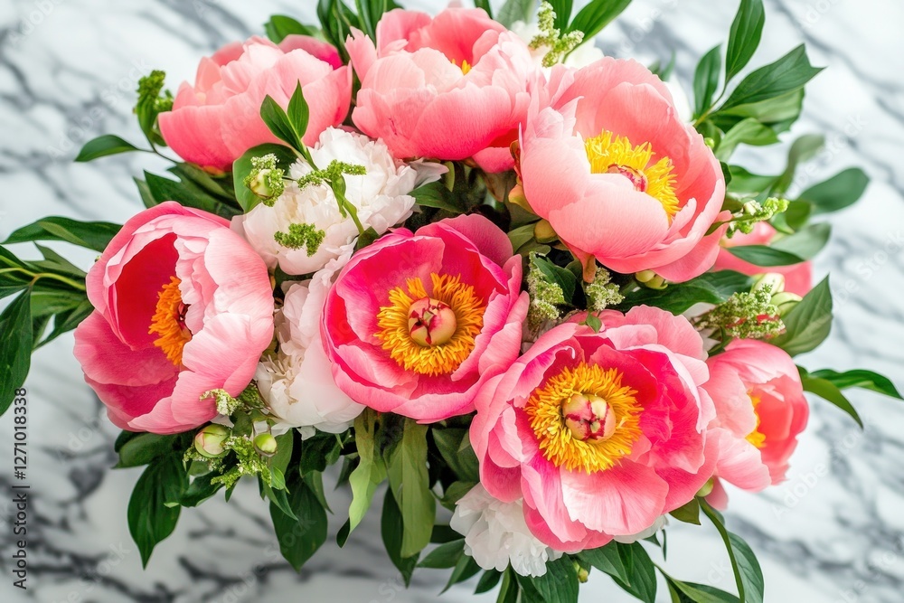 Top view of a vibrant bouquet of pink and white peonies arranged on a marble surface.