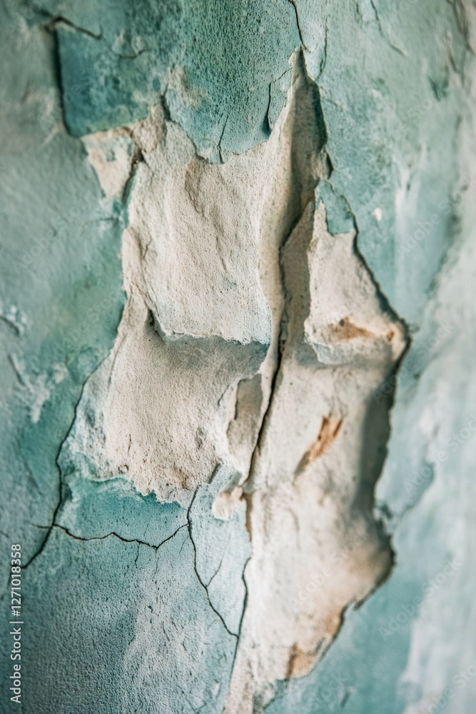 Fototapeta premium Close-up of cracked, peeling teal paint on a wall, revealing aged, white undercoat.