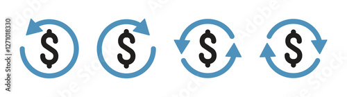 Vector icon set of investment return and recovery signs with one arrow. Investment, refund and income icon symbol for web or app in blue and black color mix. Vector illustration