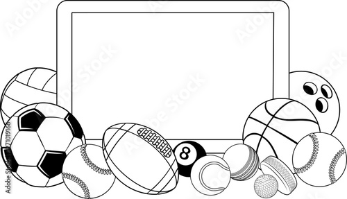 Sport ball sign board background frame surrounded by sports balls with copyspace.