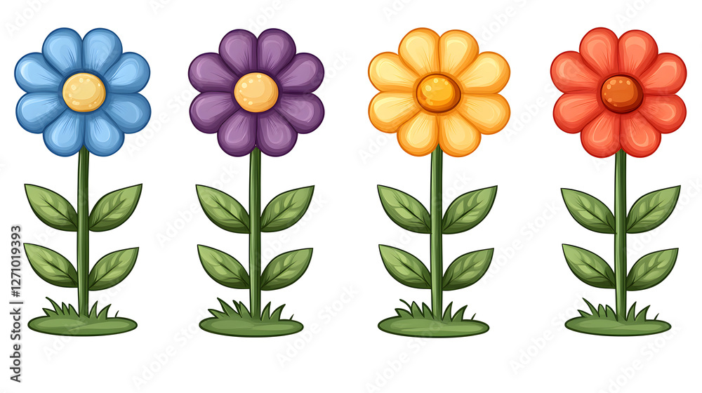 Colorful cartoon flowers with vibrant petals and leaves Colorful cartoon flowers with vibrant petals and leaves