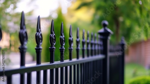 Closeup of elegant wrought iron fence with decorative spikes and green background : Generative AI