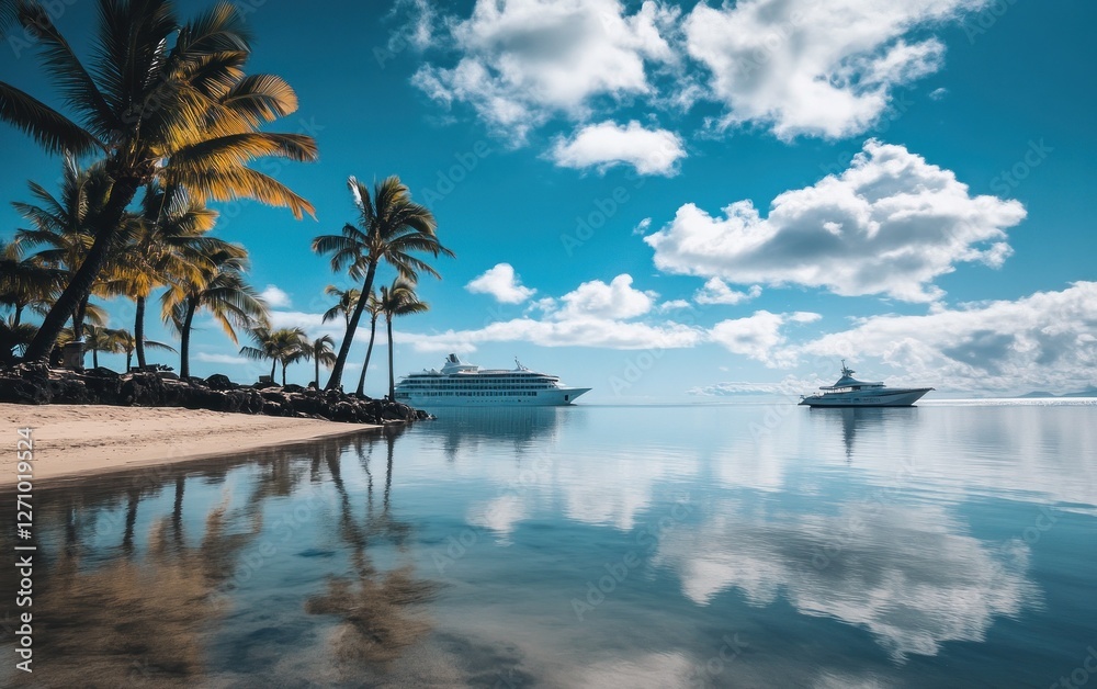 Calm ocean scene with cruise ship and yacht anchored near a tropical beach with palm trees. Calm ocean scene with cruise ship and yacht anchored near a tropical beach with palm trees.
