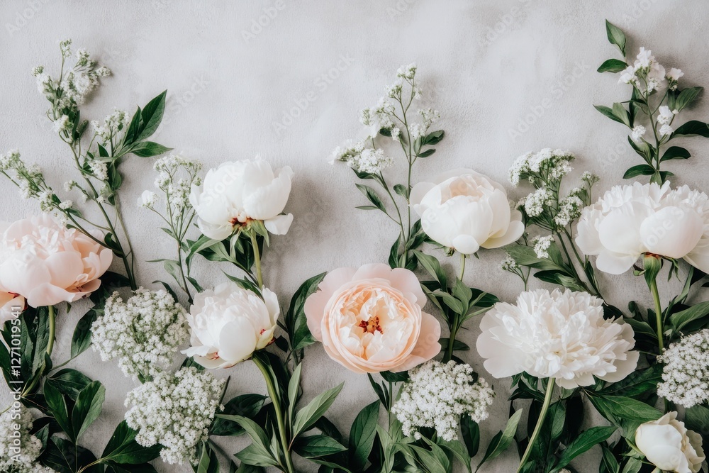 Flat lay of peach and white peonies and baby's breath flowers on gray background. Flat lay of peach and white peonies and baby's breath flowers on gray background.