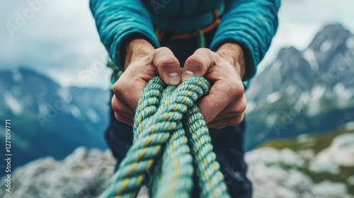 Outdoor Adventure climbing gear concept. A climber grips a green rope tightly, set against a dramatic mountainous backdrop under a cloudy sky, showcasing strength and adventure.