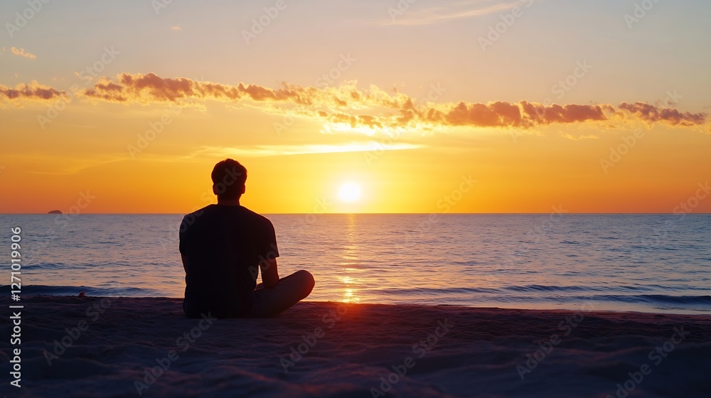 A peaceful sunset view captured from the beach with a silhouette of a person in front of the calming sea : Generative AI A peaceful sunset view captured from the beach with a silhouette of a person in front of the calming sea : Generative AI