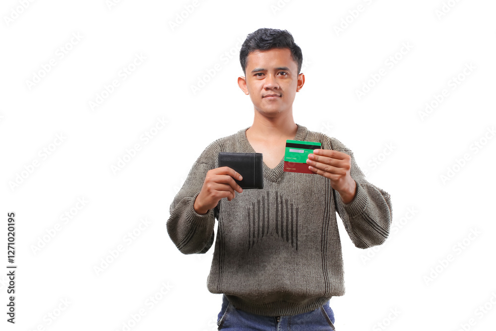 Asian man wearing sweater holding black wallet and credit cards Asian man wearing sweater holding black wallet and credit cards